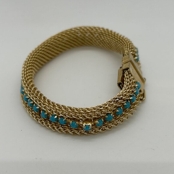 Vintage Gold-Tone Mesh Bracelet Faux Turquoise Stones Secure Clasp 1970s - Picture 5 of 16